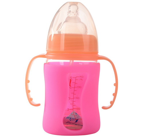 矽利康有手柄寬口玻璃奶瓶