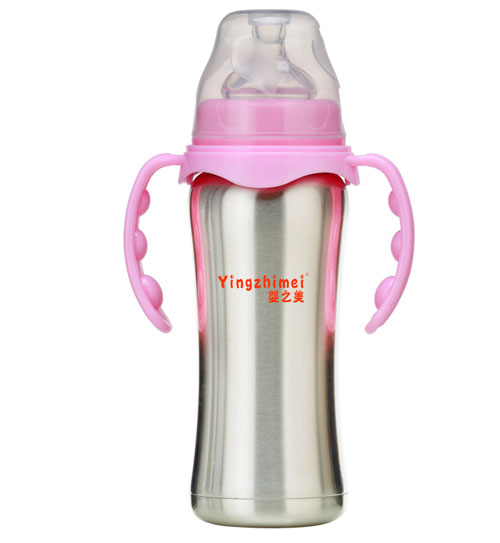 嬰之美寬口雙耳自動(dòng)不銹鋼保溫奶瓶180ML粉色