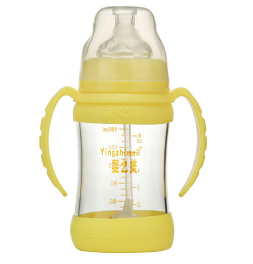 嬰之美寬口雙耳自動高硼硅玻璃奶瓶180ML黃色