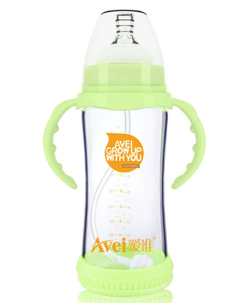 噯唯寬口徑帶柄自動高硼硅玻璃奶瓶(260ml)(帶安全硅膠套)