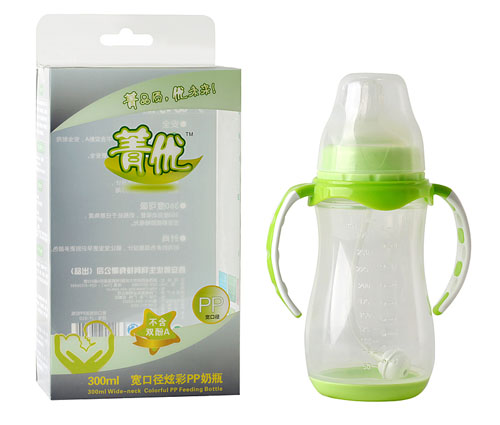 菁優寬口徑炫彩PP奶瓶300ml綠色