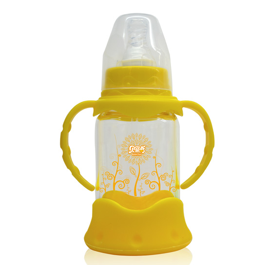 貝嬰奇120m防爆感溫標(biāo)口晶鉆玻璃奶瓶-黃色