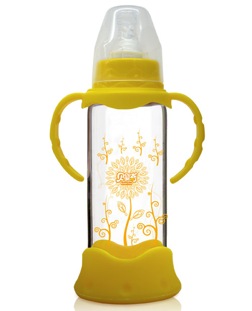 貝嬰奇240ml防爆感溫標口晶鉆玻璃奶瓶黃色