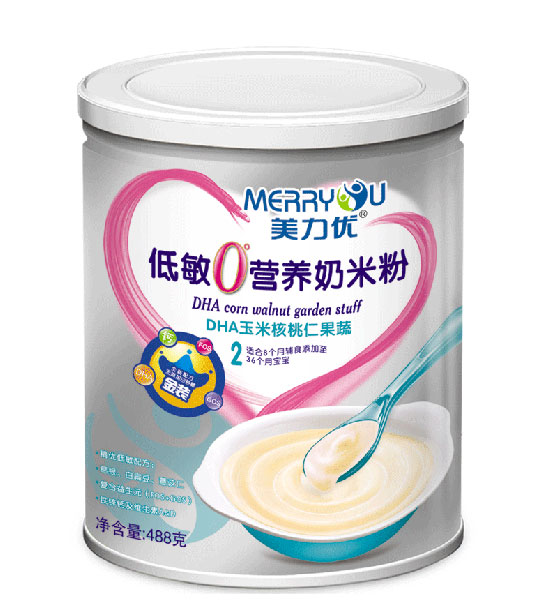 美力優DHA玉米核桃仁果蔬聽裝低敏0°營養奶米粉2段