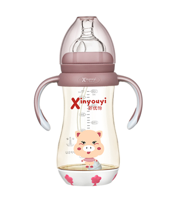 新優怡寬口弧形帶底座有柄自動ppsu奶瓶300ml 咖色