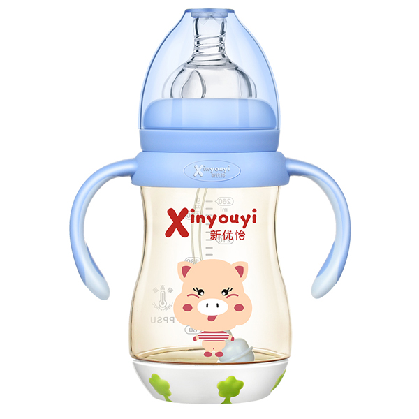 新優怡寬口弧形帶底座有柄自動ppsu奶瓶260ml 藍色